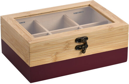 Kesper Theedoos - 6-vaks - donkerrood - bamboe - 21 x 15 x 9 cm - theekist - kunststof kijkvenster
