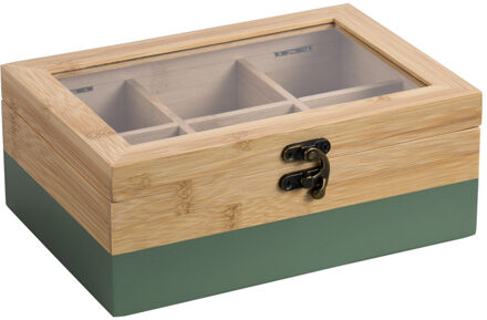 Kesper Theedoos - 6-vaks - groen - bamboe - 21 x 15 x 9 cm - theekist - kunststof kijkvenster