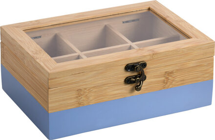 Kesper Theedoos - 6-vaks - lichtblauw - bamboe - 21 x 15 x 9 cm - theekist - kunststof kijkvenster