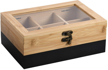Kesper Theedoos - 6-vaks - zwart - bamboe - 21 x 15 x 9 cm - theekist - kunststof kijkvenster