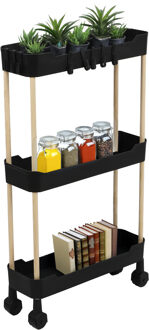 Keuken/badkamer opberg trolley - 3 laags - zwart - 40 x 70 cm - mesh kunststof