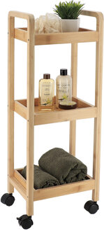 Keuken/badkamer trolley 3 laags - 29 x 21 x 79 cm - naturel - bamboe hout - met wielen