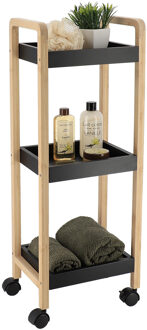 Keuken/badkamer trolley 3 laags - 29 x 21 x 79 cm - zwart - bamboe hout - met wielen