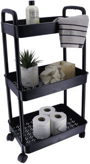 Keuken/badkamer trolley 3 laags - 38 x 26 x 77 cm - zwart - kunststof - met wielen