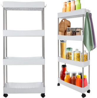 Keuken/badkamer trolley 4 laags - 12 x 37 x 91 cm - wit - met wielen