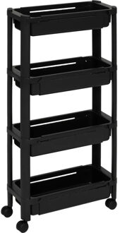 Keuken/badkamer trolley 4 laags - L37 x B15 x H79 cm - zwart - kunststof - met wielen