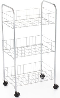 Keuken/badkamer trolley - chroom metaal - zilver - met wielen - 37 x 26 x 68 cm - Opberg trolley Zilverkleurig