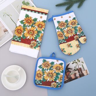 Keuken Bakken Oven Handschoenen Set Zonnebloem Hittebestendige Mat Placemat Warmte Isolatie Handschoenen Thee Handdoek Set g02