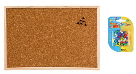 Keuken en kantoor Prikbord - hout - 58 x 39 cm - met 25 gekleurde punt punaises - Kantoor/thuis