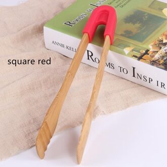 Keuken Koken Gereedschap Bamboe Voedsel Clip Barbecue Silicagel Voedsel Bbq Gereedschap Houten Salade Taart Snack Clip Siliconen Handvat Tang plein rood