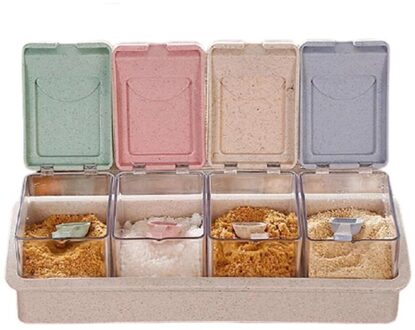 Keuken Kruiden Box Set Tarwe Stro Kruiden Jar Set Met Lepel Spice Doos Kruiderij Suiker Zout Organizer