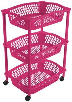 Keuken opberg trolleys/roltafels met 3 manden 62 cm fuchsia roze - Opberg trolley