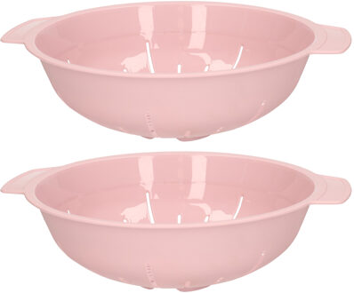 Keuken vergiet zeef - 2x - kunststof - D25 cm x H8 cm - roze - afgieten - groente - pasta - rijst