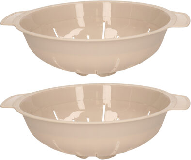Keuken vergiet/zeef - 2x - kunststof - Dia 25 cm x Hoogte 8 cm - beige