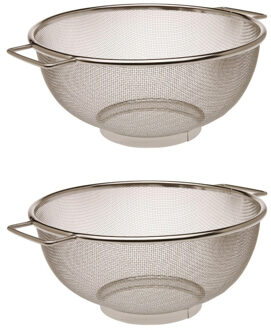 Keuken vergiet/zeef - 2x stuks - RVS - D25 cm - zilver - voor groente/rijst/pasta