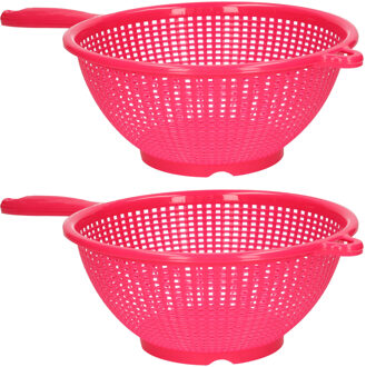 Keuken vergiet/zeef met steel - 2x - kunststof - Dia 22 cm x Hoogte 10 cm - fuchsia roze