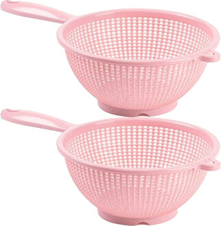 Keuken vergiet/zeef met steel - 2x - kunststof - Dia 22 cm x Hoogte 10 cm - roze