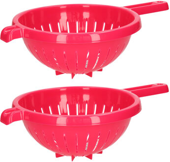 Keuken vergiet/zeef met steel - 2x - kunststof - Dia 23 cm x Hoogte 10 cm - fuchsia roze