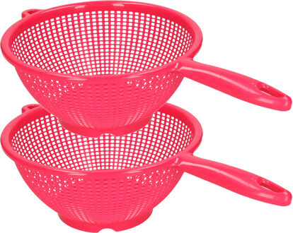 Keuken vergiet/zeef met steel - 2x - kunststof - Dia 24 cm x Hoogte 11 cm - fuchsia roze