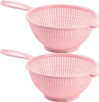 Keuken vergiet/zeef met steel - 2x - kunststof - Dia 24 cm x Hoogte 11 cm - roze