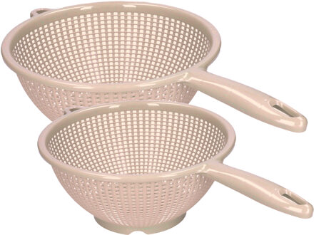 Keuken vergieten/zeef met steel - 2x stuks - kunststof - Dia 22 en 24 cm - beige