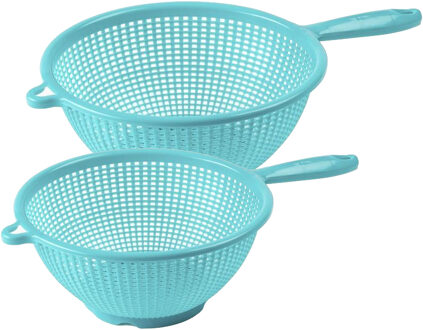 Keuken vergieten/zeef met steel - 2x stuks - kunststof - Dia 22 en 24 cm - blauw