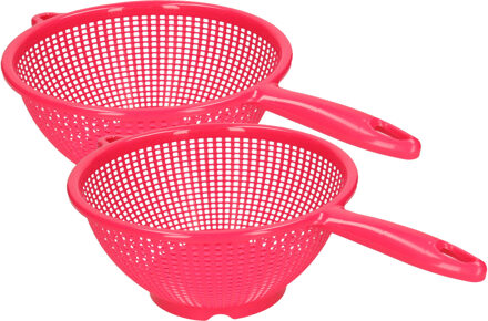 Keuken vergieten/zeef met steel - 2x stuks - kunststof - Dia 22 en 24 cm - fuchsia roze