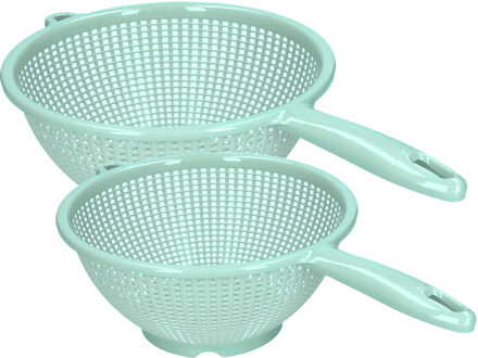 Keuken vergieten/zeef met steel - 2x stuks - kunststof - Dia 22 en 24 cm - mintgroen