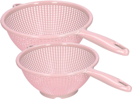 Keuken vergieten/zeef met steel - 2x stuks - kunststof - Dia 22 en 24 cm - roze