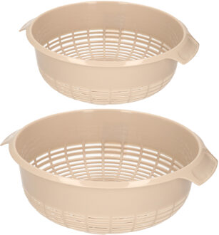 Keuken vergieten/zeef - set 2x - kunststof - beige - dia 23 en 27 cm