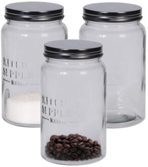Keuken voedsel bewaar voorraadpot/voorraadbus - 3x - glas - 1000 ml - 10 x 18 cm