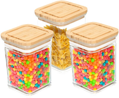 keuken voorraadpot - 3x - 0.8L - glas/bamboe - met luchtdichte deksel