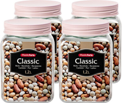 keuken voorraadpot - 4x - weckpotten - kunststof - roze - 1200 ml - met deksel