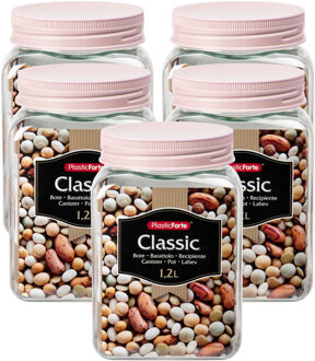 keuken voorraadpot - 5x - weckpotten - kunststof - roze - 1200 ml - met deksel