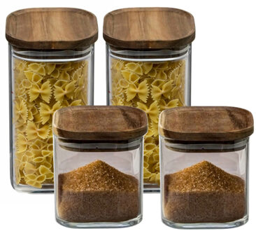 Keuken voorraadpotten - glas/hout - set 4x stuks - 600 en 1600 ml - voedsel