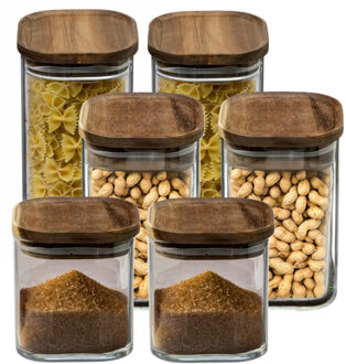 Keuken voorraadpotten - set 6x stuks - glas / hout - 0.6 - 0.9 - 1.6 Liter