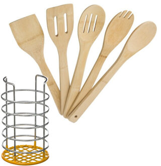 Keukengerei houten spatel set 6-delig in RVS houder geel