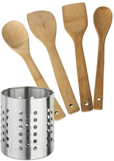 Keukengerei - houten spatels set 4-delig - RVS houder - Keuken pollepels/spatel