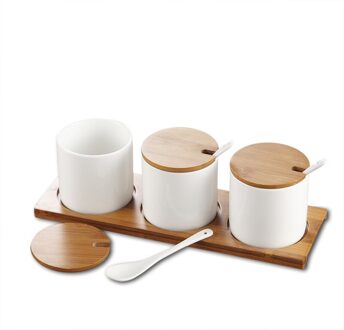 Keukengerei Keramische Kruiden Jar Set Kruiden Doos Rechte Lichaam Bamboe Deksel Drie-Delige Set