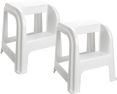 Keukenkrukje/opstapje - 2x - met 2 treden - wit - kunststof - 43 x 43 x 46 cm