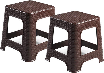 Keukenkrukje/opstapje - 2x - rotan - bruin - kunststof - 32 x 32 x 33 cm