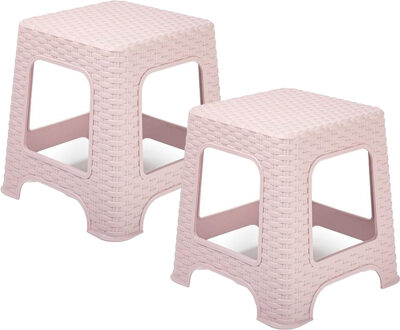 Keukenkrukje/opstapje - 2x - rotan - roze - kunststof - 33 x 33 x 30 cm