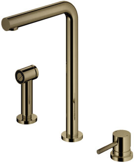 Keukenmengkraan Hotbath Fellow 3-gats Draaibare Uitloop en Uitneembare Handdouche Gepolijst Messing Living Colours