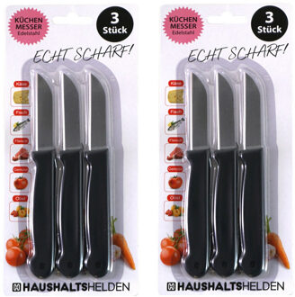 keukenmesjes/schilmesjes - 6x - RVS - zwart - 16 cm