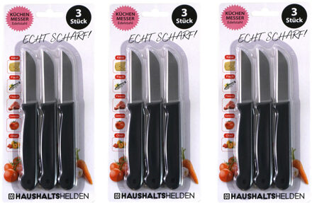 keukenmesjes/schilmesjes - 9x - RVS - zwart - 16 cm