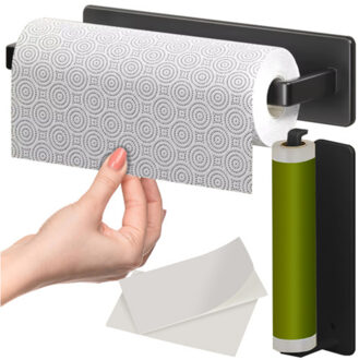 Keukenrol houder - metaal - zwart - 25 x 7 x 5 cm - monteren zonder gereedschap