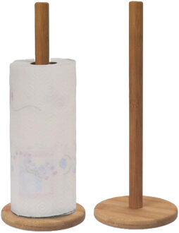 Keukenrolhouder - 2x stuks - bamboe hout - staand model - D14 x H32 cm