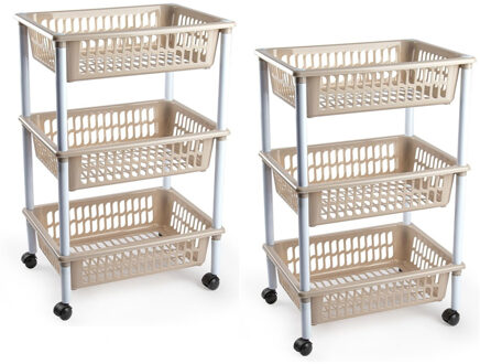 keukentrolley/badkamer - 2x stuks - op wieltjes - 3-laags - lichtbruin - kunststof - 40 x 30 x 61,5