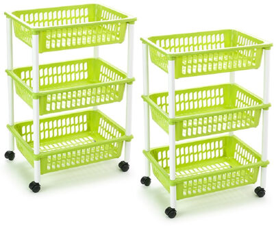 keukentrolley/badkamer - 2x stuks - op wieltjes - 3-laags - lime groen - kunststof - 40 x 30 x 61,5