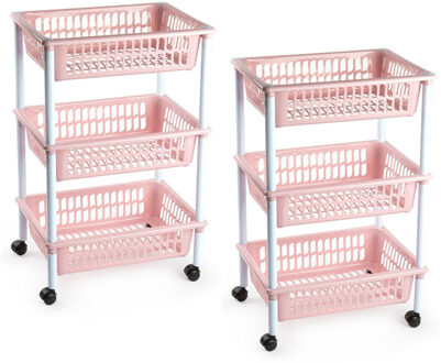 keukentrolley/badkamer - 2x stuks - op wieltjes - 3-laags - oudroze - kunststof - 40 x 30 x 61,5 Cm